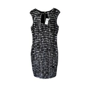 CACHE, NWT, WOMENS SLIMMING, SHEATH DRESS. BLACK/WHITE STRIPE. SIZE 12